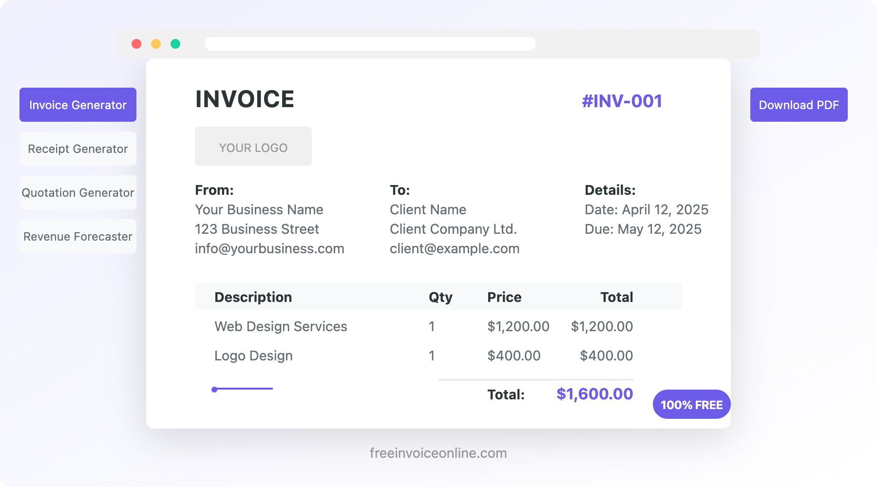 Free Invoice Generator Dashboard with sample invoice template