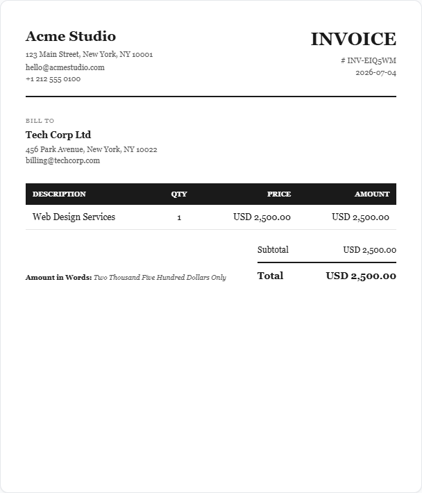 Classic black and white invoice template preview