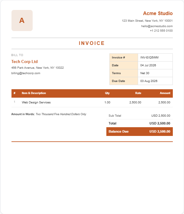Modern blue header invoice template preview